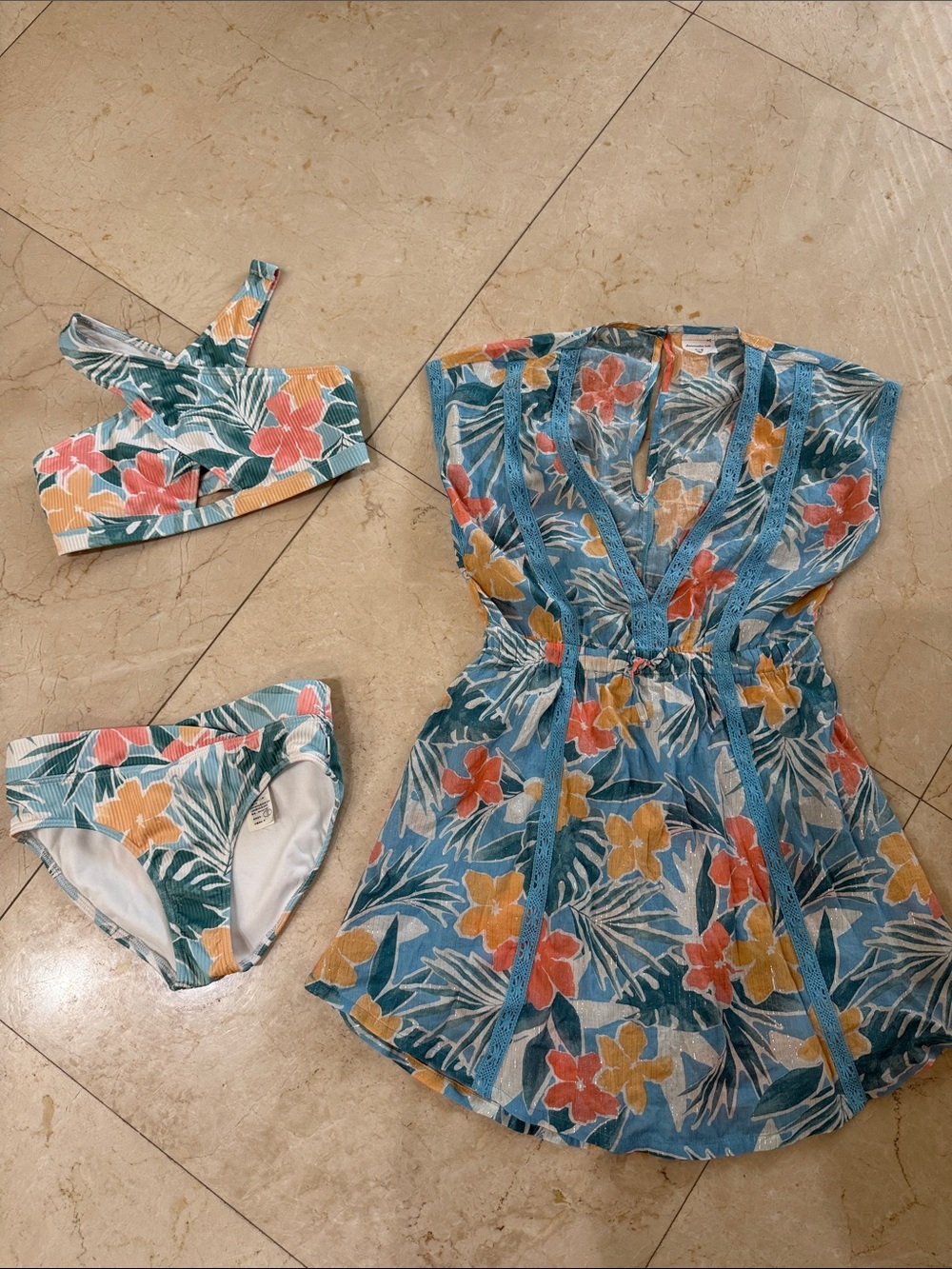 abercrombie kids Floral Teal Blue Orange Yellow Bikini Set with Cover-Up